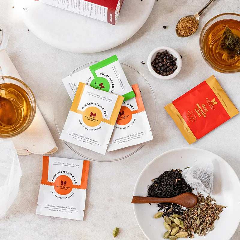 Tulsi Green Tea, Ginger Black Tea, Cardamom Black Tea, Desi Masala Chai